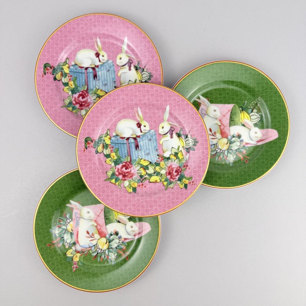 Williams Sonoma Famille Rose Appetizer Plates Bunny Set Of 4 Pink Green Easter